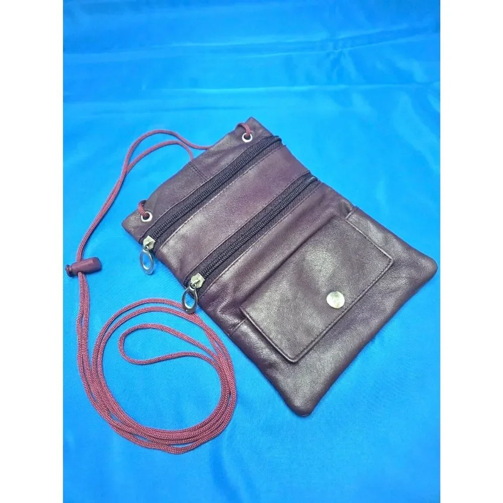 Genuine Leather Mini Shoulder Bag Pouch Travel Organizer Zip Pockets. Burgundy.
